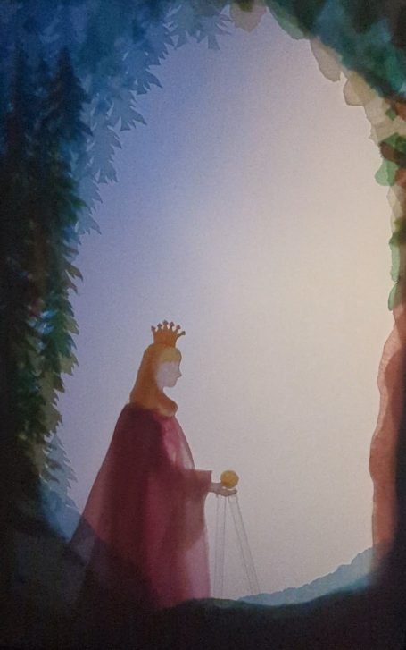 Bühnenbild von Lys Soleil. Märchenerzählung durch Schattentheater: Die Prinzessin im tiefen Wald.